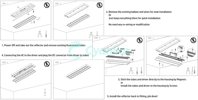 FITO fluorescent tube retrofit replacement installation